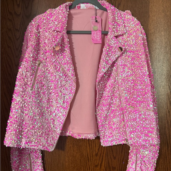 southern fried chics Jackets & Blazers - Southern Fried Chics Dolly collection  Pink Sequin Moto Jacket
